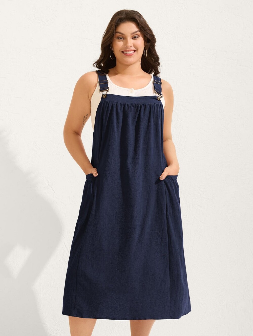 BloomChic Indigo Blue Pleated Pockets Midi Dress Pure Cotton Overall NWT 18-20